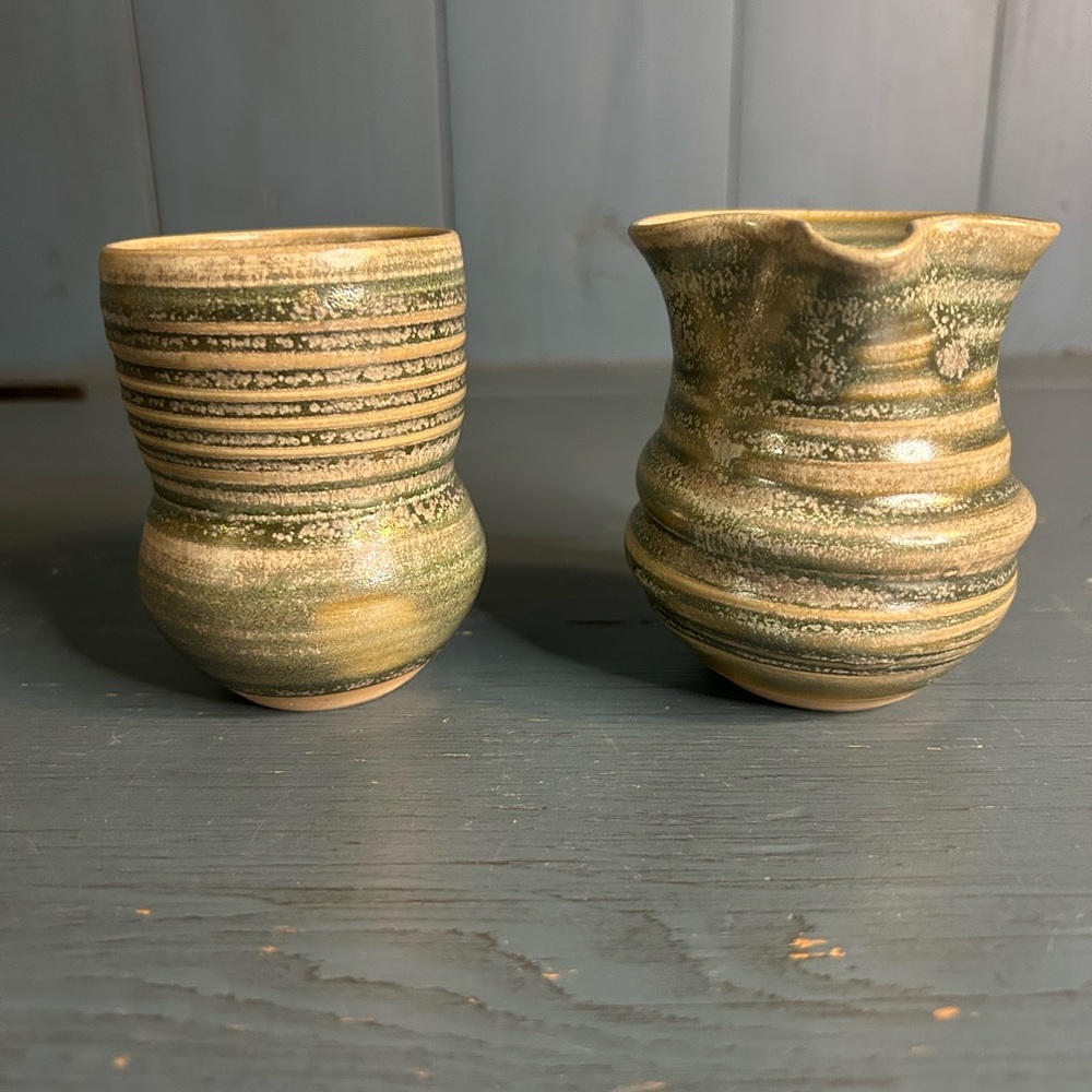 Clay Pottery Handmade Sage Green Creamer & Sugar 1970s Vintage